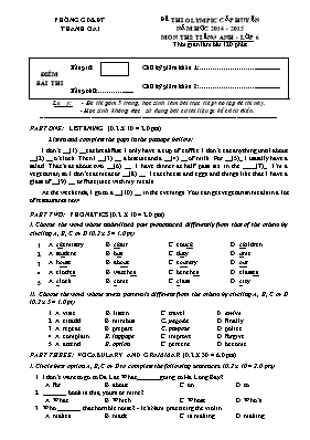 Đề thi olympic môn Tiếng Anh Lớp 6 - Đề 9 - Năm học 2014-2015 - Phòng GD & ĐT Thanh Oai (Có đáp án)